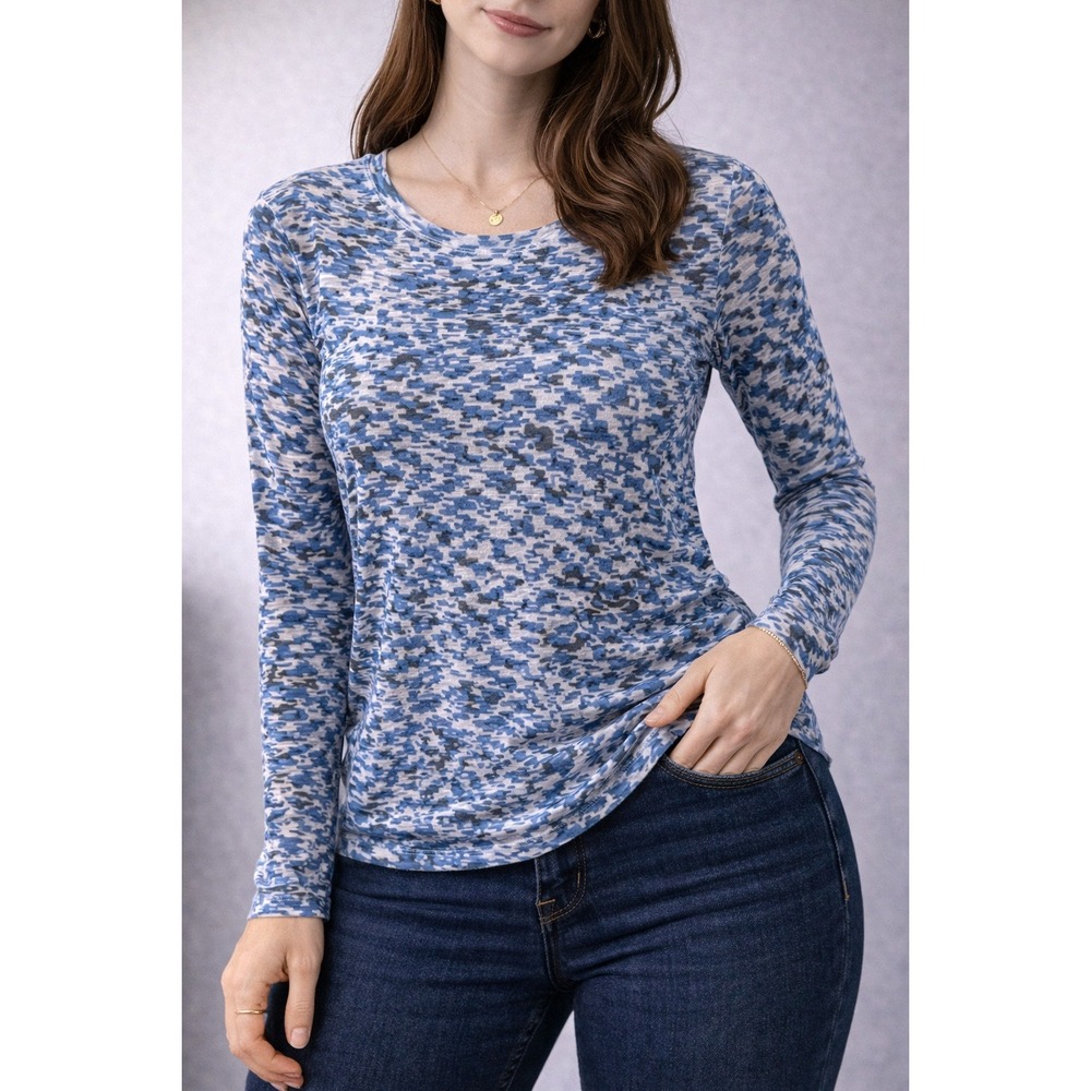 Kavio Burnout Camo Top Womens L Blue Long‎ Sleeve Sheer Camouflage Tee